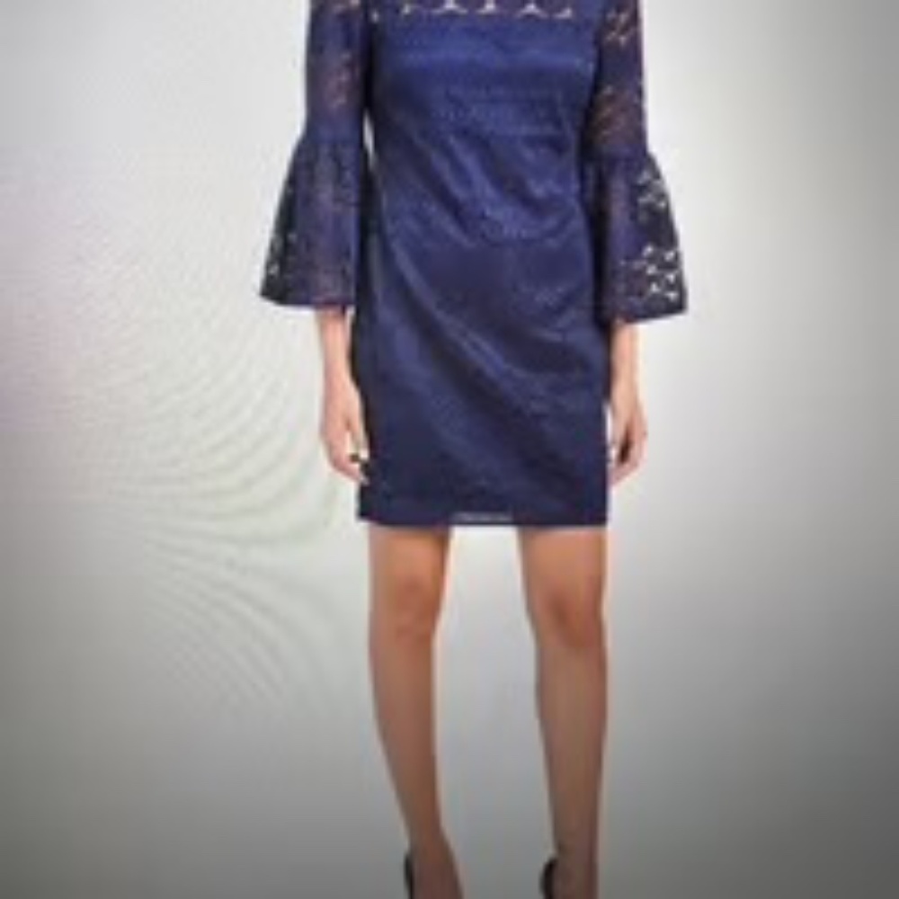NWT TRINA TRINA TURK Twist Bell Sleeve Lace Mini Dress Sz 4 Color Navy Reg $228.